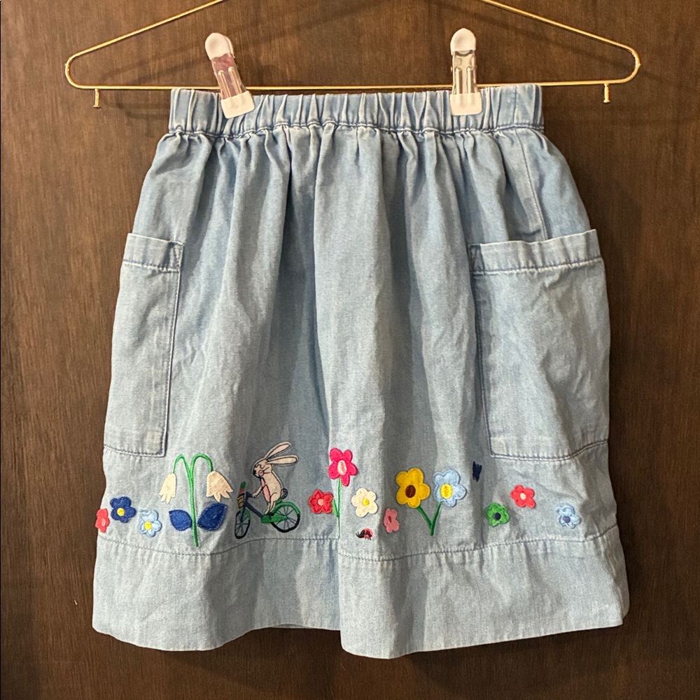 Hanna Andersson Light Blue A-Line Chmabray Skirt with Floral Embroidery